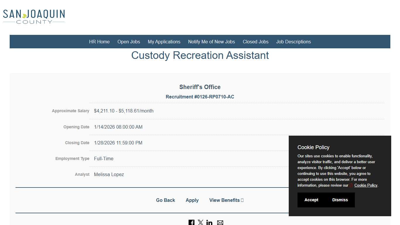 Announcement: Custody Recreation Assistant - San Joaquin County